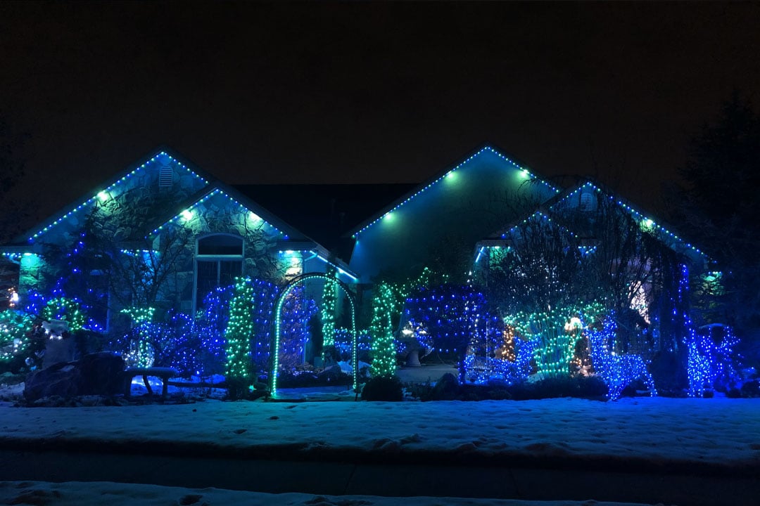 Bright blue & green Christmas winter holiday Trimlight display