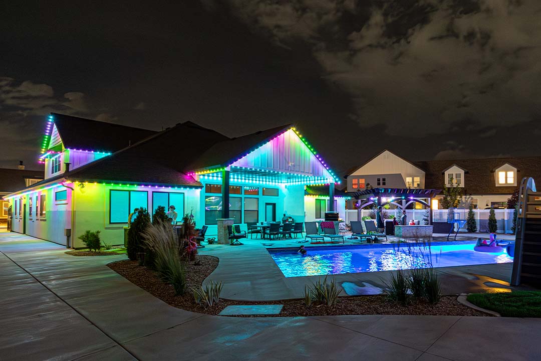 Bright neon lit home with pool