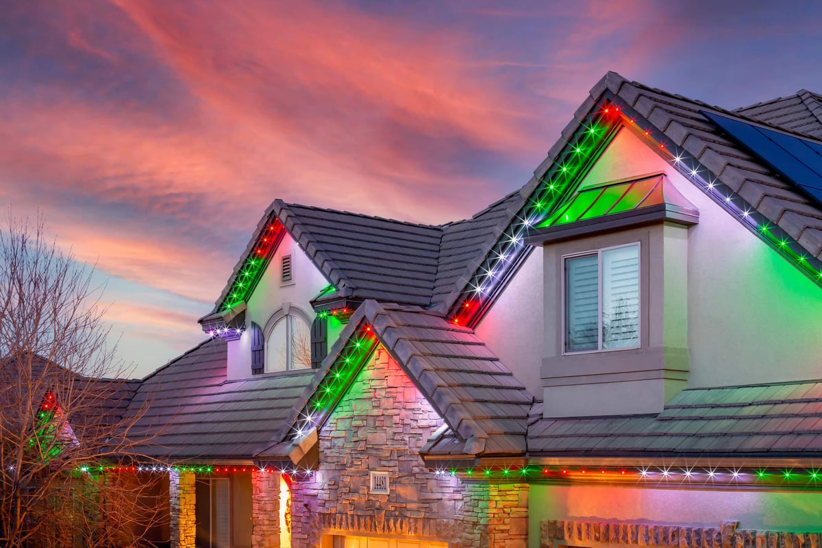 Christmas lights on modern home