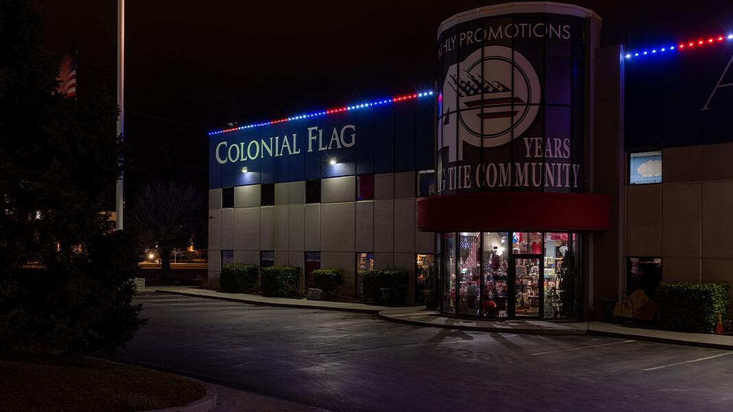 Colonial Flag Trimlight red, white, and blue display