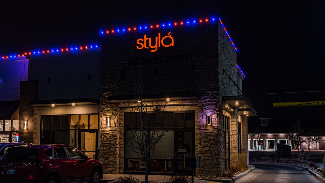 Styla restaurant with multi-colored Trimlight trim