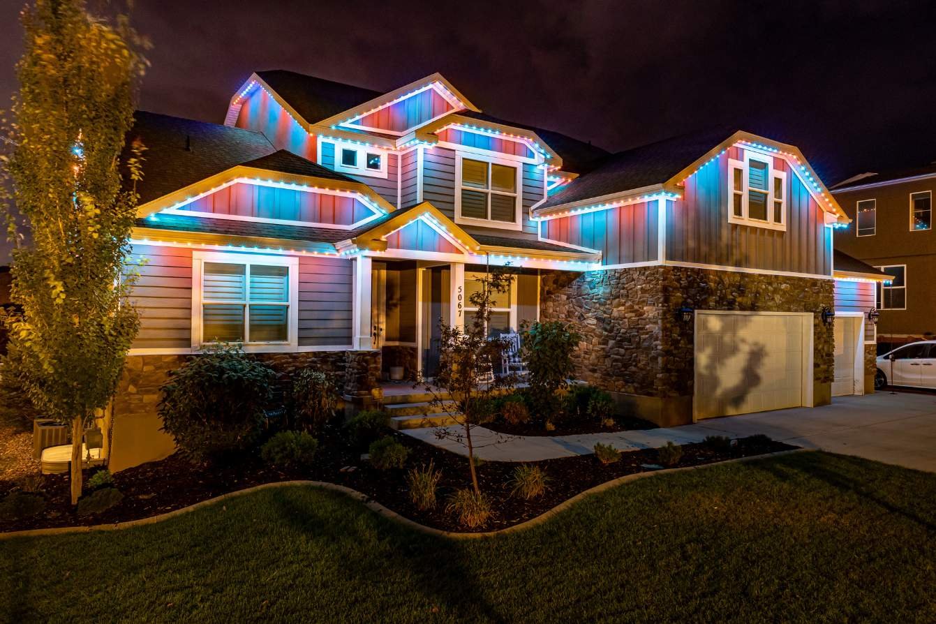 Home with white trim with blue and orange LED's