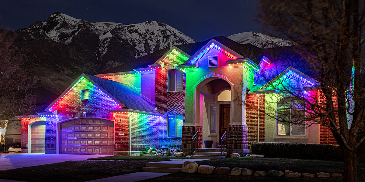 Rainbow multi-colored LED light display on residential home